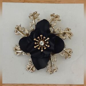 Vintage Black Flower on Gold Brooch Upcycled